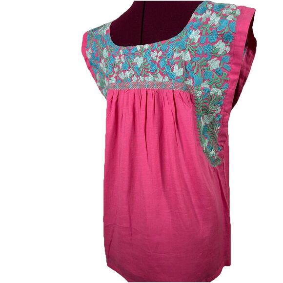 J Marie Hannah Floral Embroidered Linen Top Blouse Sz M Sleeveless Pink Blue - Picture 6 of 14